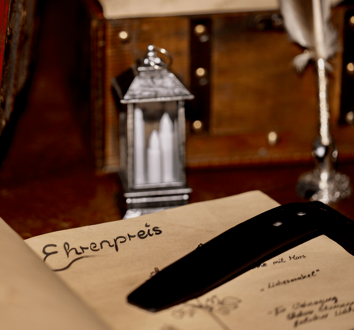 Handgeschriebenes Tagebuch mit Laterne und Feder aus der Spielwelt von Tales&Legends